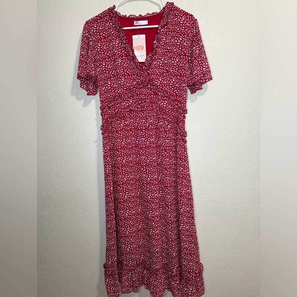 KIRUNDO Casual Ruffle Short Sleeve V Neck Floral Print Midi Chiffon Dress Large